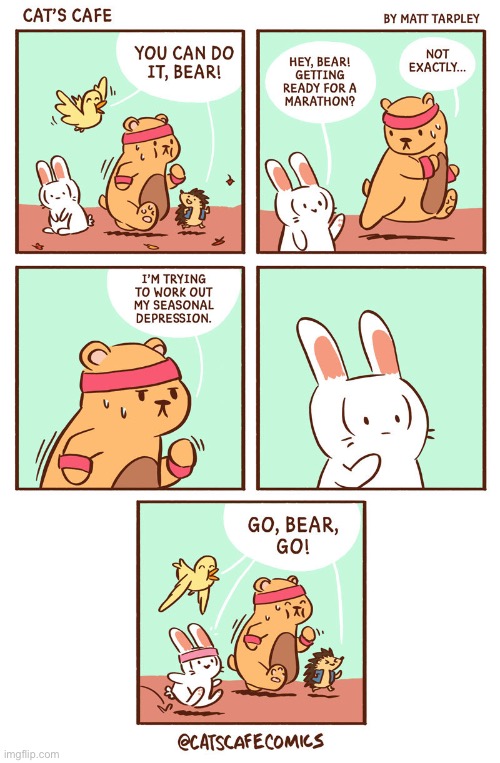 You can do it, bear! | image tagged in rabbit,hedgehog,bear,bird | made w/ Imgflip meme maker