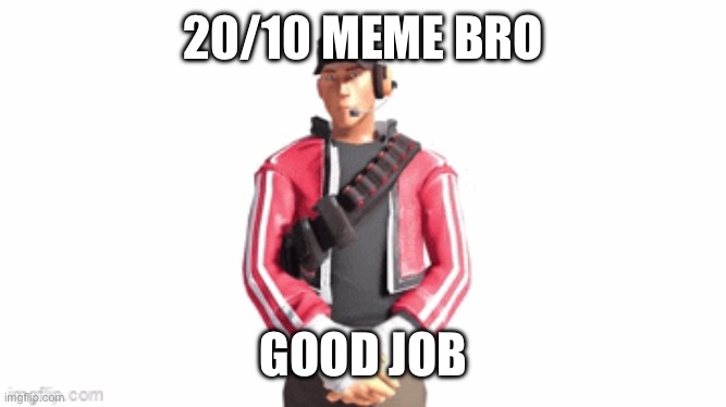 scout drip | 20/10 MEME BRO GOOD JOB | image tagged in scout drip | made w/ Imgflip meme maker