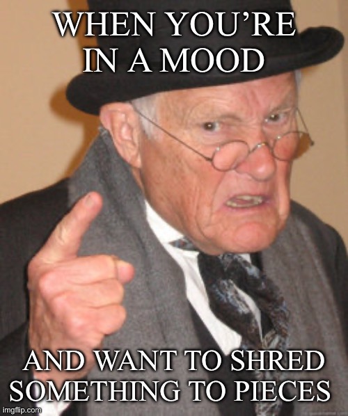 Shred to pieces | WHEN YOU’RE IN A MOOD; AND WANT TO SHRED SOMETHING TO PIECES | image tagged in memes,back in my day,anger | made w/ Imgflip meme maker