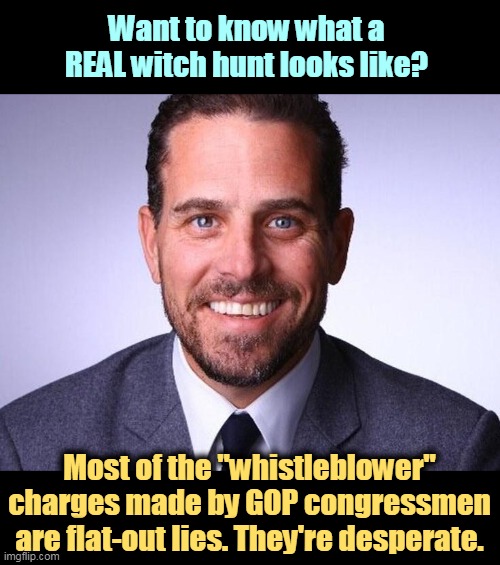 Republican committee investigations have been embarrassing flops. This one is no different. | Want to know what a REAL witch hunt looks like? Most of the "whistleblower" charges made by GOP congressmen are flat-out lies. They're desperate. | image tagged in hunter biden,gop,right wing,maga,witch hunt | made w/ Imgflip meme maker