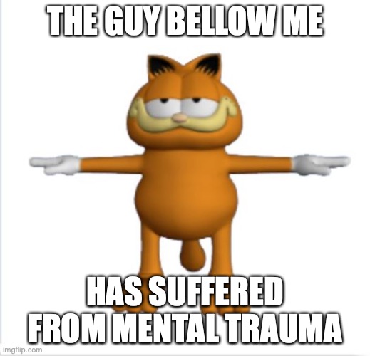 . | THE GUY BELLOW ME; HAS SUFFERED FROM MENTAL TRAUMA | image tagged in garfield t-pose | made w/ Imgflip meme maker