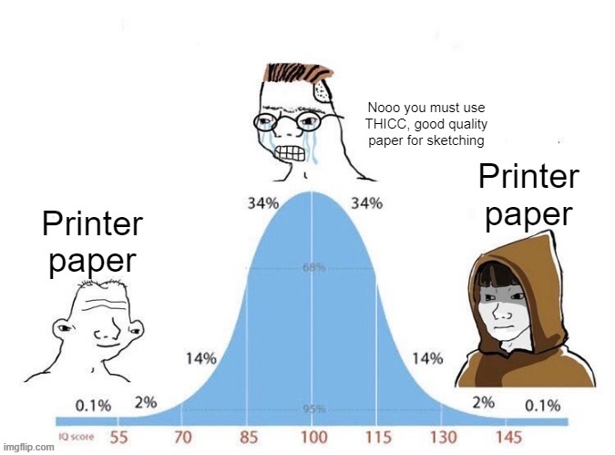 A sketchy meme | Nooo you must use THICC, good quality paper for sketching; Printer paper; Printer paper | image tagged in bell curve,drawing | made w/ Imgflip meme maker