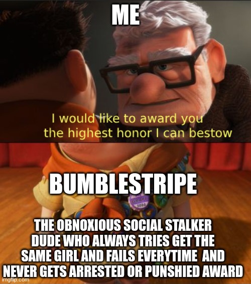 The Bumblestripe Award | ME; BUMBLESTRIPE; THE OBNOXIOUS SOCIAL STALKER DUDE WHO ALWAYS TRIES GET THE SAME GIRL AND FAILS EVERYTIME  AND NEVER GETS ARRESTED OR PUNSHIED AWARD | image tagged in up highest honor | made w/ Imgflip meme maker