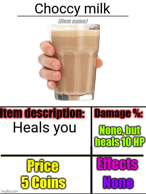Choccy milk | Choccy milk; Heals you; None, but heals 10 HP; 5 Coins; None | image tagged in item-shop extended | made w/ Imgflip meme maker