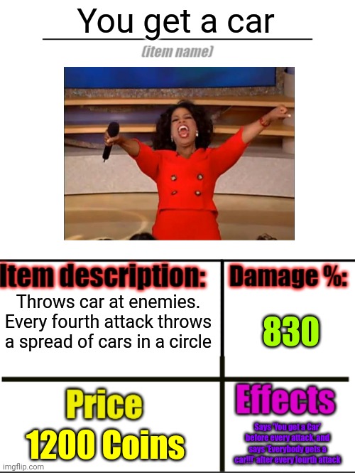 YOU GET A CAR | You get a car; 830; Throws car at enemies. Every fourth attack throws a spread of cars in a circle; 1200 Coins; Says 'You get a Car' before every attack, and says 'Everybody gets a car!!!' after every fourth attack | image tagged in item-shop extended,oprah you get a | made w/ Imgflip meme maker