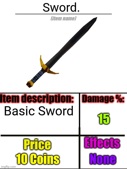 Item-shop extended | Sword. Basic Sword; 15; 10 Coins; None | image tagged in item-shop extended | made w/ Imgflip meme maker