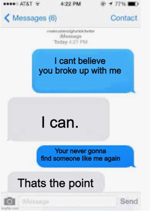 Blank text conversation | I cant believe you broke up with me; I can. Your never gonna find someone like me again; Thats the point | image tagged in blank text conversation | made w/ Imgflip meme maker