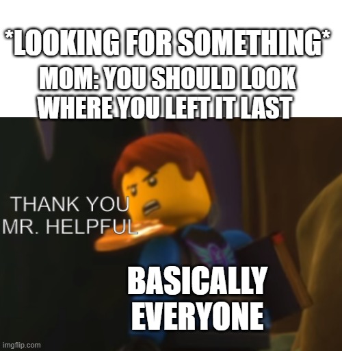 I swear | *LOOKING FOR SOMETHING*; MOM: YOU SHOULD LOOK WHERE YOU LEFT IT LAST; BASICALLY EVERYONE | image tagged in thank you mr helpful | made w/ Imgflip meme maker