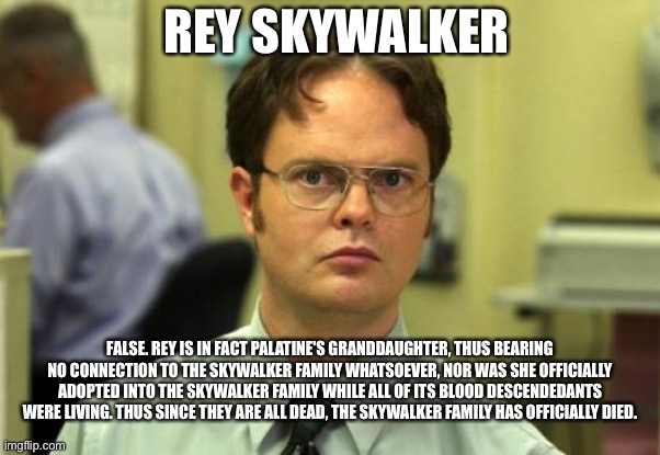 Dwight Schrute Meme | REY SKYWALKER; FALSE. REY IS IN FACT PALATINE'S GRANDDAUGHTER, THUS BEARING NO CONNECTION TO THE SKYWALKER FAMILY WHATSOEVER, NOR WAS SHE OFFICIALLY ADOPTED INTO THE SKYWALKER FAMILY WHILE ALL OF ITS BLOOD DESCENDEDANTS WERE LIVING. THUS SINCE THEY ARE ALL DEAD, THE SKYWALKER FAMILY HAS OFFICIALLY DIED. | image tagged in memes,dwight schrute,star wars,rey | made w/ Imgflip meme maker