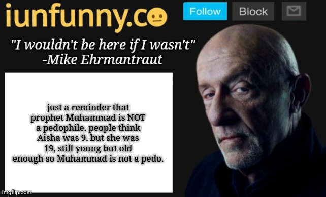 @i_only_love_intellectual_talk what's next? | just a reminder that prophet Muhammad is NOT a pedophile. people think Aisha was 9. but she was 19, still young but old enough so Muhammad is not a pedo. | image tagged in iunfunny's mike ehrmantraut template | made w/ Imgflip meme maker