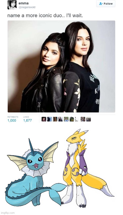 Renamon and Vaporeon is another awesome dynamic duo | image tagged in name a more iconic duo,crossover,pokemon,digimon | made w/ Imgflip meme maker