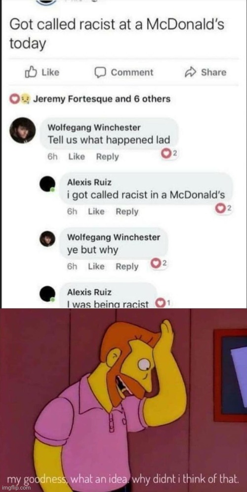 Meme #2,135 | image tagged in my goodness what an idea why didn't i think of that,memes,comments,text,racist,mcdonalds | made w/ Imgflip meme maker