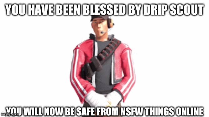 scout drip | YOU HAVE BEEN BLESSED BY DRIP SCOUT YOU WILL NOW BE SAFE FROM NSFW THINGS ONLINE | image tagged in scout drip | made w/ Imgflip meme maker