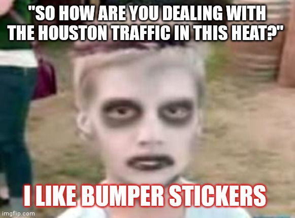 I like turtles | "SO HOW ARE YOU DEALING WITH THE HOUSTON TRAFFIC IN THIS HEAT?"; I LIKE BUMPER STICKERS | image tagged in i like turtles | made w/ Imgflip meme maker