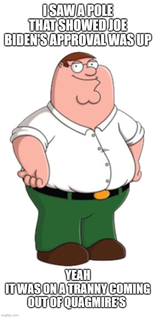 Peter Griffin | I SAW A POLE
THAT SHOWED JOE BIDEN'S APPROVAL WAS UP; YEAH
IT WAS ON A TRANNY COMING OUT OF QUAGMIRE'S | image tagged in peter griffin | made w/ Imgflip meme maker