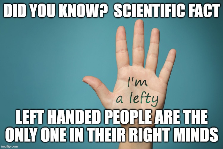 Left Handed People | DID YOU KNOW?  SCIENTIFIC FACT; LEFT HANDED PEOPLE ARE THE ONLY ONE IN THEIR RIGHT MINDS | image tagged in left handed | made w/ Imgflip meme maker