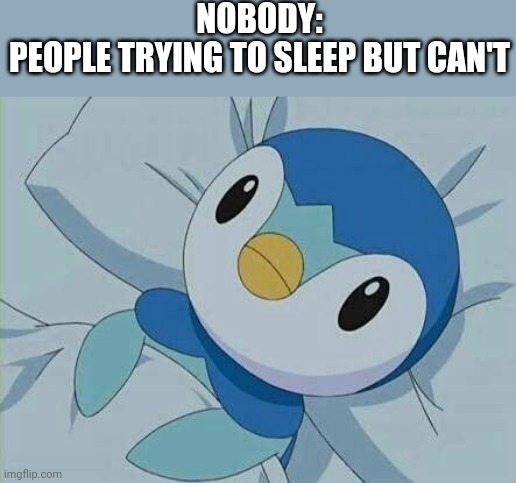 Seriously, LET ME SLEEP NOW!!!! | NOBODY:
PEOPLE TRYING TO SLEEP BUT CAN'T | image tagged in piplup | made w/ Imgflip meme maker