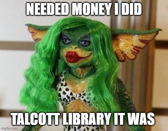 needed money | NEEDED MONEY I DID; TALCOTT LIBRARY IT WAS | image tagged in rockton,talcott | made w/ Imgflip meme maker