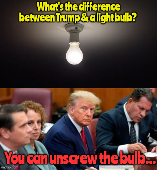 So screwed | What's the difference between Trump & a light bulb? You can unscrew the bulb... | image tagged in donald trump,light bulb,court,screwed,maga,felon | made w/ Imgflip meme maker