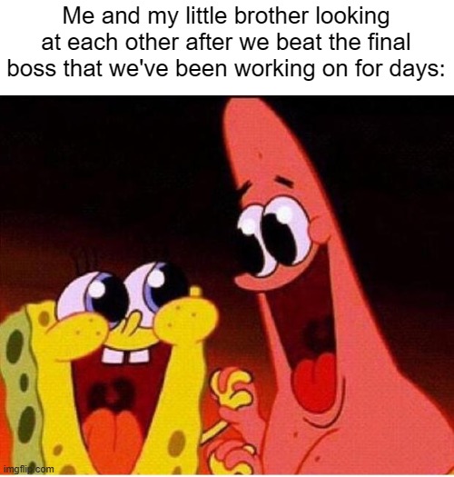 Spongebob and Patrick | Me and my little brother looking at each other after we beat the final boss that we've been working on for days: | image tagged in spongebob and patrick | made w/ Imgflip meme maker