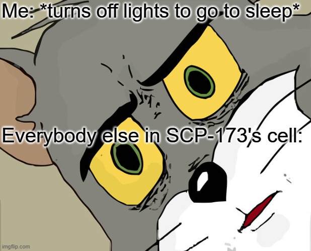 Unsettled Tom Meme | Me: *turns off lights to go to sleep*; Everybody else in SCP-173's cell: | image tagged in memes,unsettled tom | made w/ Imgflip meme maker