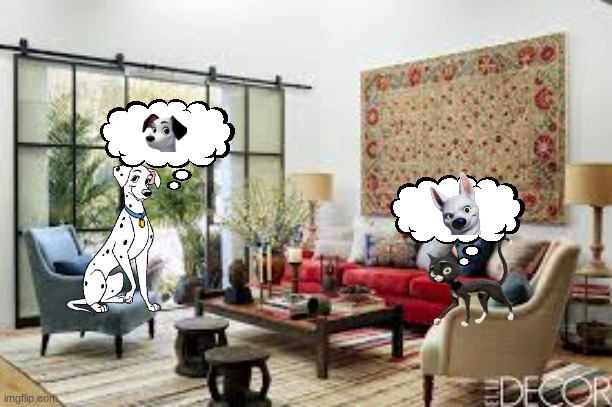 perdita and mittens thinking about their husbands | image tagged in living room,disney,bolt,101 dalmatians,cats,dogs | made w/ Imgflip meme maker