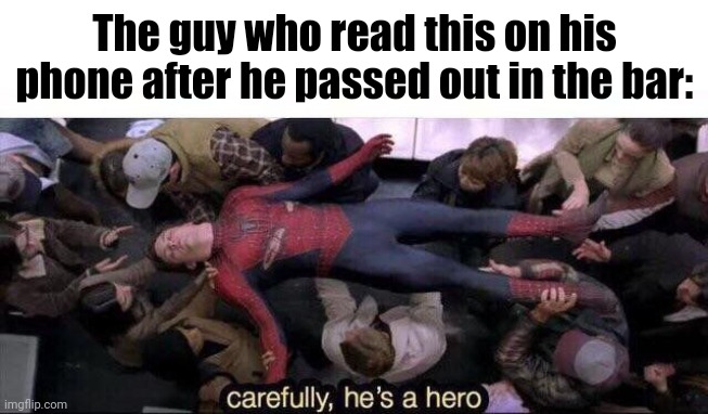 Carefully he's a hero | The guy who read this on his phone after he passed out in the bar: | image tagged in carefully he's a hero | made w/ Imgflip meme maker