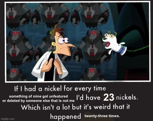 stupid thing I made | 23; something of mine got unfeatured or deleted by someone else that is not me; twenty-three times. | image tagged in doof if i had a nickel | made w/ Imgflip meme maker