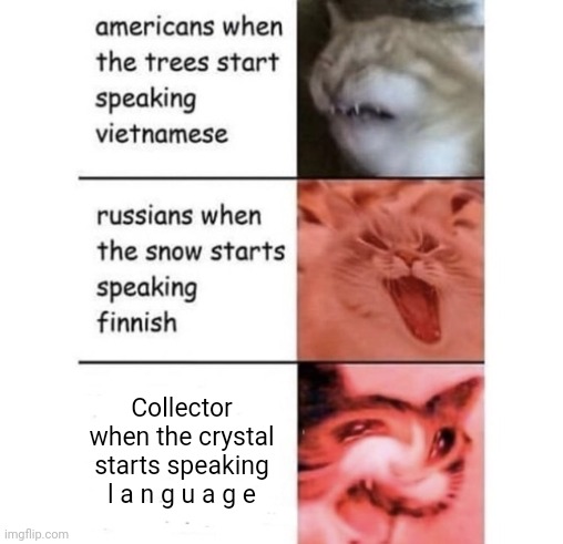 This is FAR from the first time it has happened | Collector when the crystal starts speaking l a n g u a g e | image tagged in snow speaking finnish | made w/ Imgflip meme maker