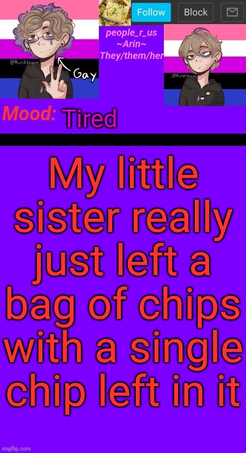 Taking lays air to a whole new level | Tired; My little sister really just left a bag of chips with a single chip left in it | image tagged in people_r_us announcement template v 4 5 | made w/ Imgflip meme maker