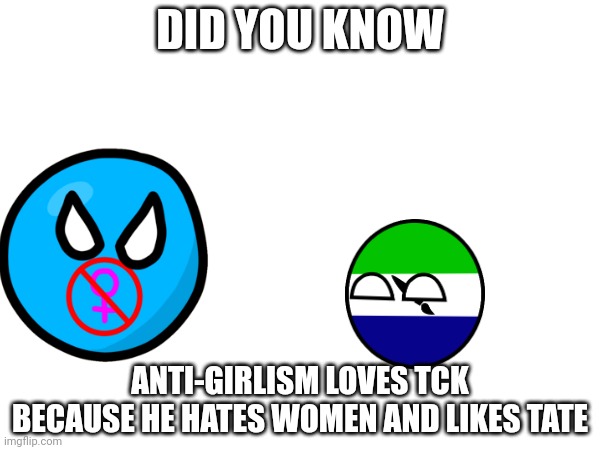Countryballs fact: (owner note: The heck) | DID YOU KNOW; ANTI-GIRLISM LOVES TCK BECAUSE HE HATES WOMEN AND LIKES TATE | made w/ Imgflip meme maker