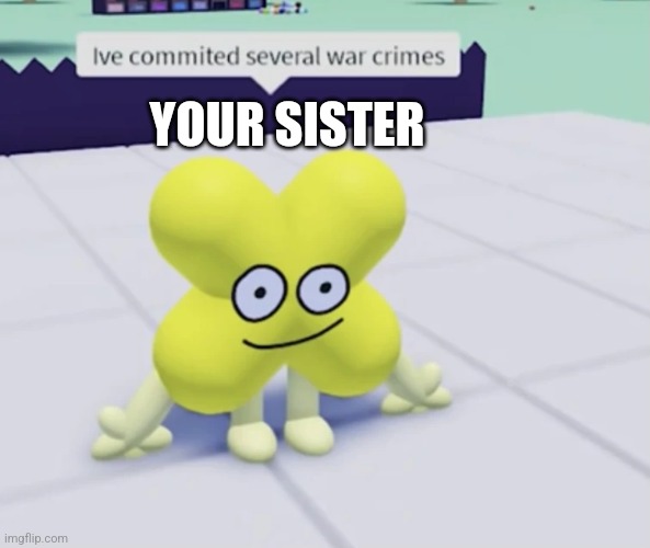 x has committed several war crimes | YOUR SISTER | image tagged in x has committed several war crimes | made w/ Imgflip meme maker