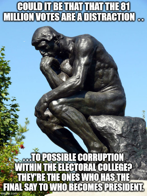 About those 81 million votes. . . | COULD IT BE THAT THAT THE 81 MILLION VOTES ARE A DISTRACTION  . . . . .TO POSSIBLE CORRUPTION WITHIN THE ELECTORAL COLLEGE? THEY'RE THE ONES WHO HAS THE FINAL SAY TO WHO BECOMES PRESIDENT. | image tagged in the thinker,government corruption | made w/ Imgflip meme maker