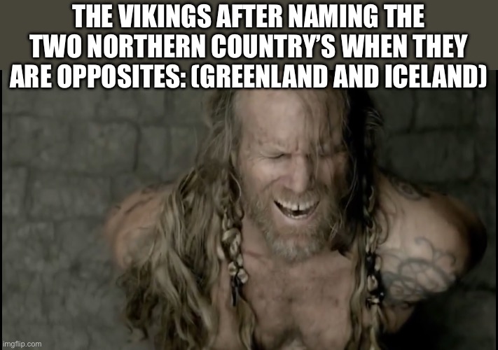 Laughing Viking | THE VIKINGS AFTER NAMING THE TWO NORTHERN COUNTRY’S WHEN THEY ARE OPPOSITES: (GREENLAND AND ICELAND) | image tagged in laughing viking | made w/ Imgflip meme maker