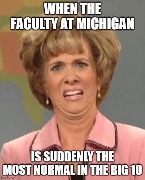 My alma mater. I can make fun of them. If we follow the line from Penn State, Indiana is next. | WHEN THE FACULTY AT MICHIGAN; IS SUDDENLY THE MOST NORMAL IN THE BIG 10 | image tagged in disgusted kristin wiig,ohio state buckeyes,michigan,sexual assault,not funny | made w/ Imgflip meme maker