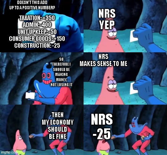 NRS economy in a nutshell | DOESN'T THIS ADD UP TO A POSITIVE NUMBER? NRS
YEP; TAXATION: +350
ADMIN: -400
UNIT UPKEEP: -50
CONSUMER GOODS: +150
CONSTRUCTION: -25; NRS
MAKES SENSE TO ME; SO THEREFORE I SHOULD BE MAKING MONEY, NOT LOSING IT; THEN MY ECONOMY SHOULD BE FINE; NRS
-25 | image tagged in patrick star and manray wallet blank id | made w/ Imgflip meme maker