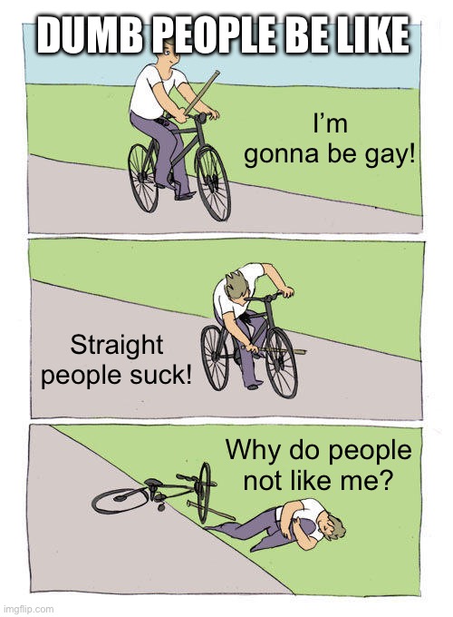 Bike Fall Meme | DUMB PEOPLE BE LIKE; I’m gonna be gay! Straight people suck! Why do people not like me? | image tagged in memes,bike fall | made w/ Imgflip meme maker