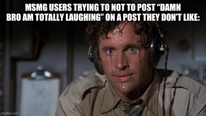 pilot sweating | MSMG USERS TRYING TO NOT TO POST “DAMN BRO AM TOTALLY LAUGHING” ON A POST THEY DON’T LIKE: | image tagged in pilot sweating | made w/ Imgflip meme maker