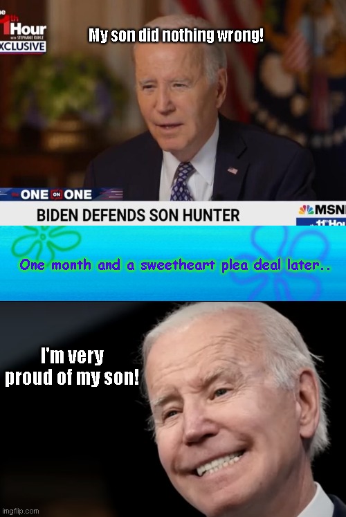 Only in Biden world | My son did nothing wrong! One month and a sweetheart plea deal later.. I'm very proud of my son! | image tagged in joe biden,hunter biden,biden corruption,crime family,biden privilege,political theater | made w/ Imgflip meme maker