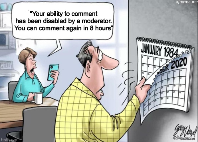 1984 Calendar | “Your ability to comment has been disabled by a moderator. You can comment again in 8 hours” | image tagged in 1984 calendar | made w/ Imgflip meme maker