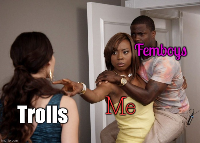 Just flag their comments; I got your back. | Femboys; Me; Trolls | image tagged in woman holding kevin hart,guardian,defense,moderators | made w/ Imgflip meme maker