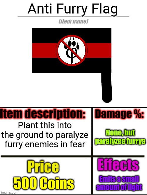 Item-shop extended | Anti Furry Flag; Plant this into the ground to paralyze furry enemies in fear; None, but paralyzes furrys; 500 Coins; Emits a small amount of light | image tagged in item-shop extended | made w/ Imgflip meme maker