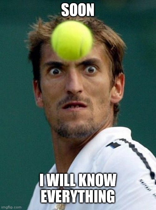 tennis head | SOON I WILL KNOW EVERYTHING | image tagged in tennis head | made w/ Imgflip meme maker
