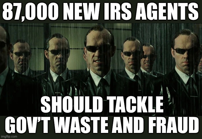 New IRS agents should eliminate waste and fraud in government spending before anyone gets audited. | 87,000 NEW IRS AGENTS; SHOULD TACKLE GOV’T WASTE AND FRAUD | image tagged in mr smith,irs agents,waste fraud,government soending | made w/ Imgflip meme maker
