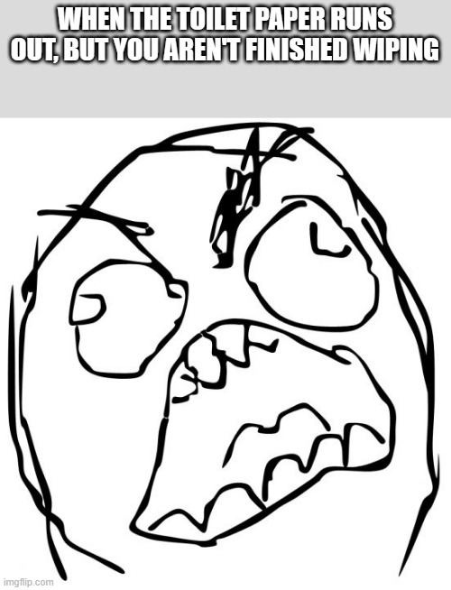 Angery troll face | WHEN THE TOILET PAPER RUNS OUT, BUT YOU AREN'T FINISHED WIPING | image tagged in angery troll face | made w/ Imgflip meme maker