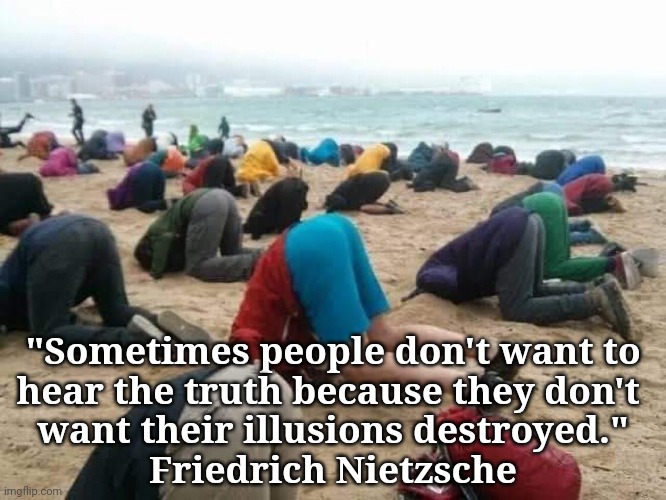 Brainwashed | "Sometimes people don't want to
hear the truth because they don't 
want their illusions destroyed."
Friedrich Nietzsche | image tagged in head in sand butts in air ostrich,dump trump,criminal,guilty,assault | made w/ Imgflip meme maker