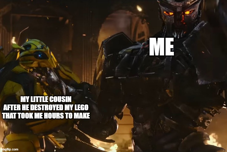 Scourge chokes Bumblebee | ME; MY LITTLE COUSIN AFTER HE DESTROYED MY LEGO THAT TOOK ME HOURS TO MAKE | image tagged in scourge chokes bumblebee | made w/ Imgflip meme maker