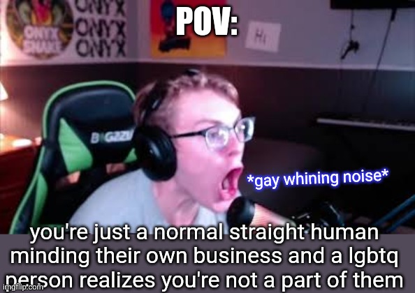 Ong for real | POV:; *gay whining noise*; you're just a normal straight human minding their own business and a lgbtq person realizes you're not a part of them | image tagged in nerd screaming | made w/ Imgflip meme maker