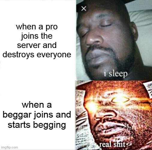 beggars are just annoying | when a pro joins the server and destroys everyone; when a beggar joins and starts begging | image tagged in memes,sleeping shaq | made w/ Imgflip meme maker