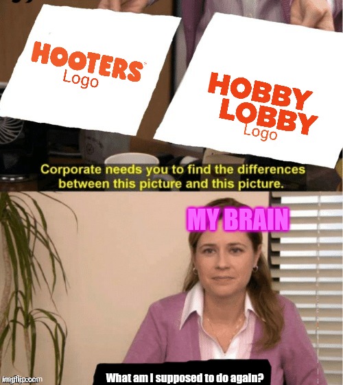 I swear (Actually I don't), they look TOO similar | MY BRAIN; What am I supposed to do again? | image tagged in they re the same thing,hooters,hobby lobby | made w/ Imgflip meme maker